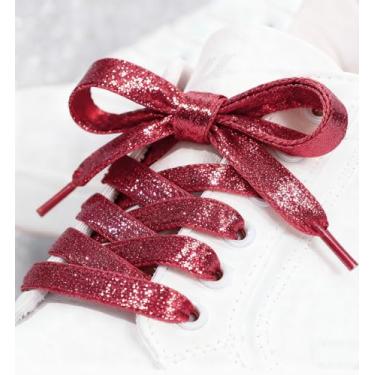 Imagem de 2 pares de cadarços metálicos brilhantes com glitter, cadarços de lantejoulas coloridas para tênis planos, sapatos de skate e botas esportivas, Vermelho, 100 cm