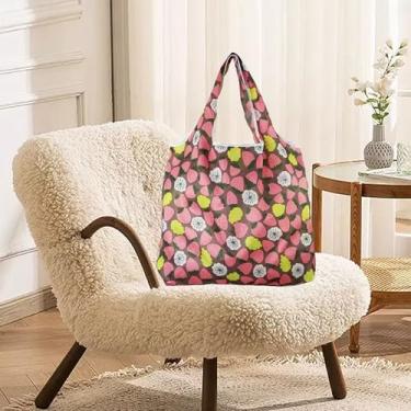 Imagem de Sacola de compras reutilizável dobrável no bolso, sacola ecológica à prova d'água e lavável na máquina, bolsa compacta reciclada para mantimentos diários, viagens, produtos e armazenamento de morango