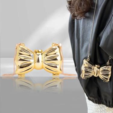 Imagem de Mini bolsa de noite feminina brilhante estruturada com alça de corrente, bolsa de ombro moderna com laço estrela para casamento, Dourado