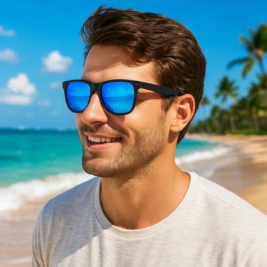 Imagem de Óculos de sol esportivos polarizados – Óculos de proteção UV para atividades ao ar livre, design retrô leve e confortável, Armação preta areia lente azul gelo, F