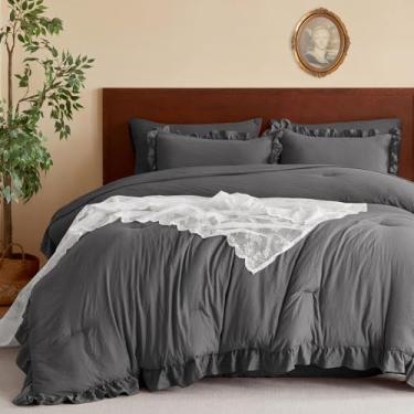 Imagem de MR&HM Conjunto de edredom King Size, 7 peças, cinza escuro, babados, boêmio, casa de fazenda, chique, cama em uma bolsa com edredom, lençol de cima, lençol de cima, fronhas e fronhas