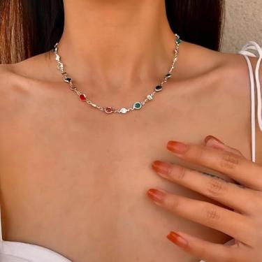 Imagem de Colar de gargantilhas de strass circulares coloridas, corrente de prata, joia feminina, moderna, presente de festa de aniversário, férias na praia, presente