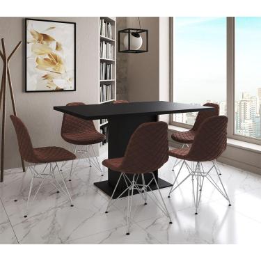 Imagem de Mesa Jantar Londres Retangular Preta 137X90Cm 6 Cadeiras Estofadas Caramelo Ferro Branco