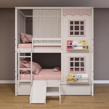 Imagem de Treliche Casinha Reta Com 02 Janelas Escorregador E Cortina Madeira Maciça Branco/ Rosa Housin