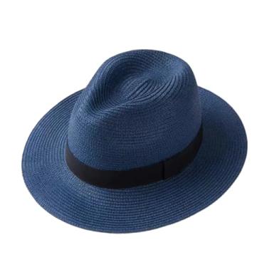 Imagem de Chapéu de palha Panamá de verão masculino e feminino, aba larga, proteção UV, chapéu Fedora Sun Hat azul-marinho preto L59-60 cm