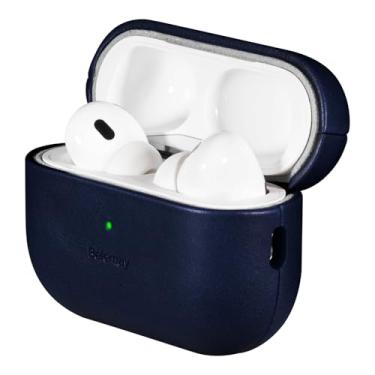 Imagem de Belemay Capa feita à mão de couro vegetal curtido para AirPods Pro 3ª geração (2025), efeito clássico de dois tons, pátina natural, compatível com MagSafe, compatível com Airpods Pro 3, azul marinho