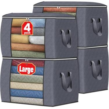 Imagem de Fab totes Armazenamento de roupas 90L, sacos de armazenamento dobráveis de tecido grosso, recipientes para organizar quarto, armário, roupas, edredom, organização com alça (pacote com 4, cinza)