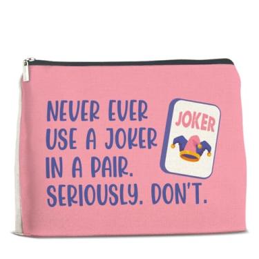 Imagem de UPNEGE Mahjong Gifts Bolsa de maquiagem rosa para mulheres e meninas, engraçada, nunca use um coringa em um par, bolsa cosmética, presentes para amantes e jogadores de Mahjong