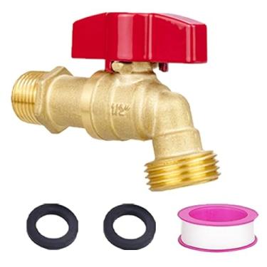 Imagem de TMOK Torneira externa de fluxo total de 1/4 de volta - mangueira de latão torneira de jardim com entrada MIP de 1/5.1 cm, saída MHT de 3/10.2 cm, fita de teflon e arruelas incluídas, resistente ao