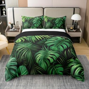 Imagem de Conjunto de edredom queen, folhas de palmeira tropical, folhas de palmeira natural, 3 peças (sem edredom), capa de edredom estilo botânico rústico, 2 fronhas