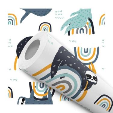 Imagem de Papel de Parede Adesivo Bicho Preguiça Arco íris Colorido Azul Amarelo