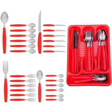Imagem de Kit Faqueiro Berlim Vermelho Inox 24 Pçs C/ 1 Porta Talheres - EM CASA