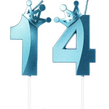 Imagem de Velas azuis de aniversário número 14, topo de bolo de feliz aniversário de 14 anos, vela com número de coroa 3D, 14 meninos, meninas, decorações de aniversário, decoração de topo de bolo