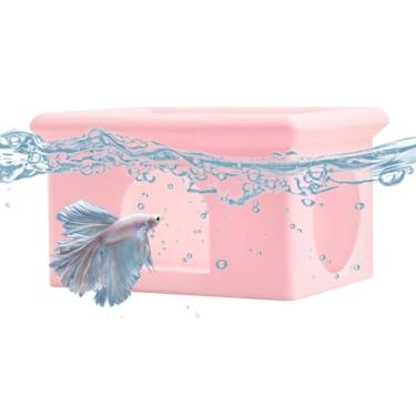 Imagem de VOXGET Rede flutuante para peixes Betta, casa de caverna para aquário, alimentador de camarão Betta impresso em 3D e brinquedos de caverna de esconderijo, decoração de anel de alimentação de aquário