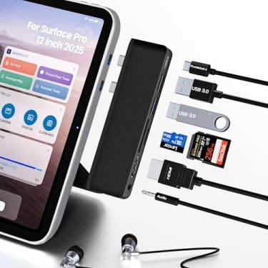Imagem de Hub para estação de ancoragem Surface Pro 12, acessórios para Surface Pro 12 com HDMI 4K, USB-C Thunerbolt 4 (vídeo 4K60Hz + dados + 100W PD), áudio de 3,5 mm, SD/TF, 2 Hub USB 3.0 para Microsoft