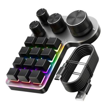Imagem de Teclado Macro Programável com 12 Teclas e 4 Botões Rotativos para Jogos Modo Dual USB Fio BT de Atalho Multipropósito Personalizável PC Desktop Escritório Mídia Design Ergonômico Luzes LED Estilosas D