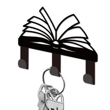 Imagem de DELORIGIN Suporte de chave de livro para parede, pequenos ganchos pretos para chaves de ferro montado na parede com 3 ganchos, cabide para chaveiro, bolsa, coleira de cachorro, armazenamento, cozinha