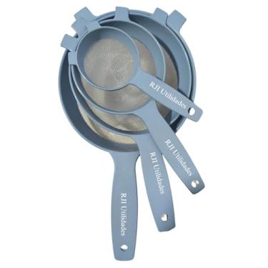 Imagem de Kit Peneiras Cozinhas Coador, 4 tamanhos, Pequeno Médio Grande Extra Grande Trama Malha Resistente Reforçada - RJI Utilidades (Azul)