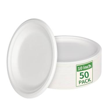 Imagem de Aricsen Pacote com 50 pratos de papel redondos compostáveis de 25 cm, branco natural, biodegradável, bagaço de cana de açúcar, sem PFA, pratos de jantar ecológicos para festa, casamento, piquenique