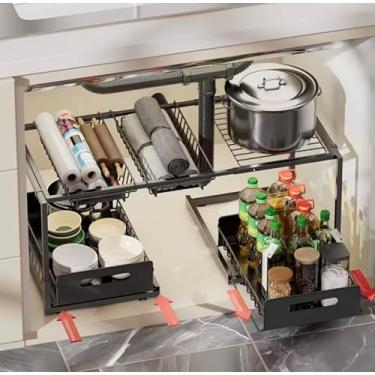 Imagem de Organizador de armazenamento deslizante sob a pia de 2 camadas, gaveta de armário removível de metal para cozinha e banheiro (preto)
