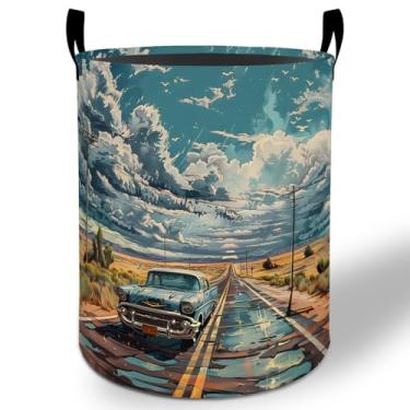 Imagem de Cesto de lavanderia vintage para carro 50 x 40 cm, balde de armazenamento de roupas Oxford clássico automático dobrável à prova d'água para quarto, banheiro, quarto de bebê, organizador de brinquedos