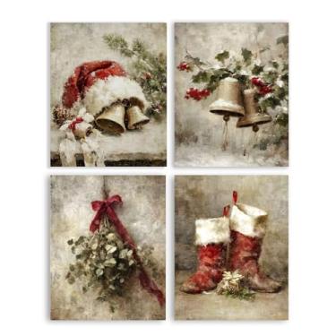 Imagem de Frimeeme Impressões de arte de parede de Natal vintage, arte de parede de chapéu de Papai Noel, decoração de férias, fazenda férias de inverno vermelho grinalda pôsteres de chapéu de Papai Noel, 20 x