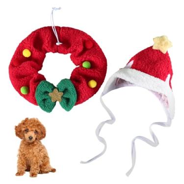 Imagem de Roupa de Natal para gatos, 2 peças de chapéu de Papai Noel ajustável para animais de estimação com lenço de guirlanda para cães pequenos, gatos, artigos de festa de Natal