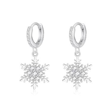 Imagem de YOQUCOL Brincos de argola de floco de neve cintilante zircônia cúbica prata Natal floco de neve brincos pendentes para mulheres-01