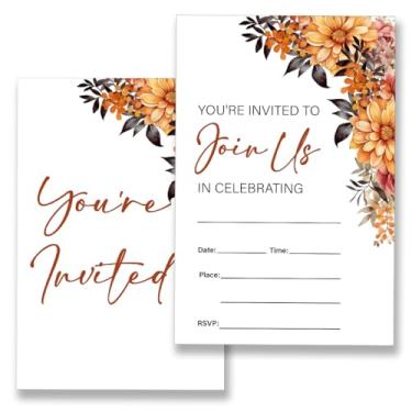 Imagem de VIYZZX Convites de outono em aquarela para casamento, Ação de Graças, aniversário, chá de bebê, floral, outono, convites de festa de casamento com envelopes, conjunto de 20, preencha em branco, dupla