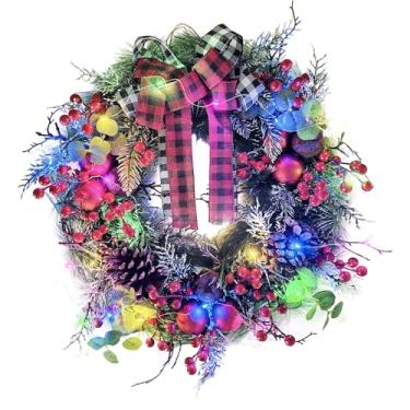 Imagem de Guirlanda de Natal de 43 cm com laços vermelhos e cinza, frutas vermelhas, pinhas e enfeites de bola vermelha para portas, janelas, mantos e decorações internas e externas