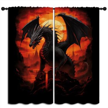Imagem de BAIGEZHU Cortinas blackout de dragão preto para decoração de casa de quarto de meninos e meninas, floresta mágica, vida selvagem, sol vermelho, isolamento térmico, bolso para varão, escurecimento