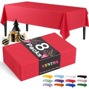 Imagem de Vyntra Toalhas de mesa vermelhas descartáveis de plástico retangular de 137 x 262 cm, pacote com 8 – capas de mesa de festa para aniversário, casamento, formatura e chá de bebê – impermeável, à prova