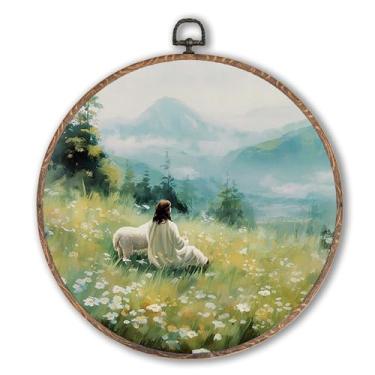 Imagem de Lengues Arte de parede redonda Jesus Deixa as 99 ovelhas, paisagem de cordeiro de Jesus Cristão, Impressão artística emoldurada em tela Cottagecore, moldura suspensa com impressão cristã para sala de