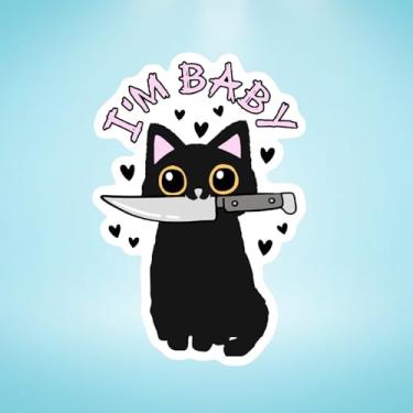 Imagem de Adesivo engraçado de gato preto - Cute I'm Baby Knife Decal Lovers (2 peças) - Adesivo de vinil UV DTF impermeável para laptop, carro, garrafa de água - Presente estético durável para amantes de