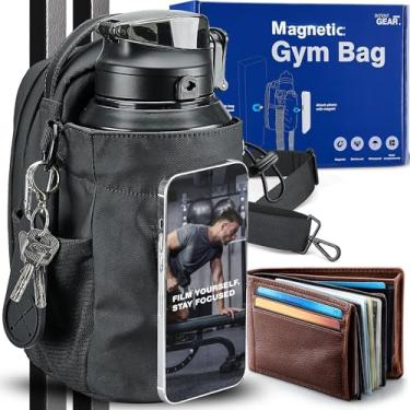 Imagem de Bolsa de ginástica magnética com suporte magnético para membros de academia – ímã forte se fixa a equipamentos de academia – comporta garrafa de água, smartphone e equipamentos – itens essenciais para