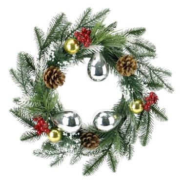 Imagem de DEVONWIDE Guirlanda de Natal para porta da frente de 40,6 cm, guirlanda artificial de decoração de Natal com bolas, pinhas e cachos de frutas vermelhas, para decoração de inverno de varanda interna e