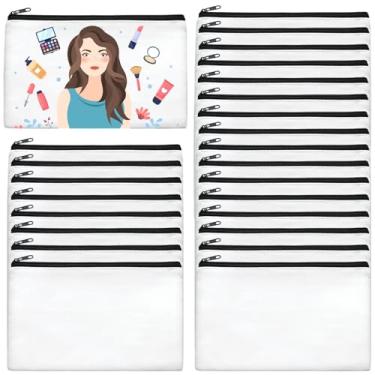 Imagem de AMDAILY 24 peças de bolsas de maquiagem de lona, 20 x 12 cm de algodão, sublimação em branco, faça você mesmo, bolsa de cosméticos com zíper preto para dama de honra, bolsa de maquiagem para viagem