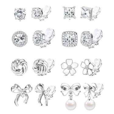 Imagem de Brincos femininos com clipe de ouro, 8 pares de brincos falsos, não perfurados - laço de zircônia cúbica, pérola, strass redondo, brincos não perfurados, brincos prateados, brincos de halo, brincos