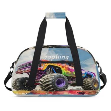 Imagem de Bolsa esportiva personalizada, caminhão de desenho animado colorido com nome, bolsa de dormir personalizada, bolsa de fim de semana, bolsa de treino para dança, balé, academia, ginástica, mala, viagem