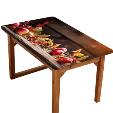 Imagem de hongjinglin Toalha de mesa retangular elástica de 1,8 m de comprimento, frutas, maçã, outono, madeira, elástico, capa de mesa, impermeável, lavável, protetor de mesa para piquenique, jantar, cozinha