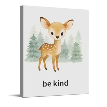 Imagem de Be Kind Deer Impressão de arte inspiradora com citações inspiradoras, arte de parede em tela para berçário de safári, decoração de parede de animal de bebê para quarto de bebê, presentes para bebês