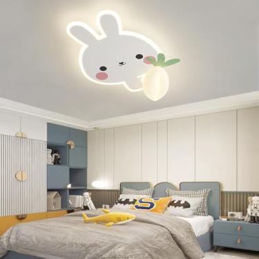Imagem de Luminária de teto infantil em formato de coelho com LED, iluminação decorativa e controle remoto. Temperatura de cor: 3000K-6000K. Ideal para quarto, sala de jantar, quarto de bebê, jardim d