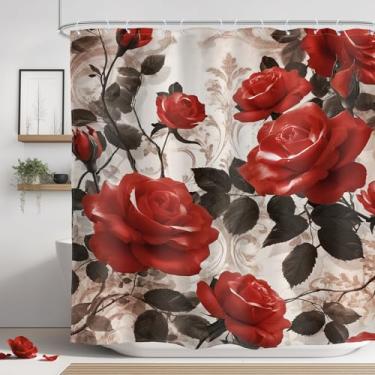 Imagem de Glawry Cortina de chuveiro rosa vermelha flor retrô flores florais bonitas vintage romântico elegante planta botânica banheiro moderno 182x172 cm C acessórios de banho arte decoração de casa tecido