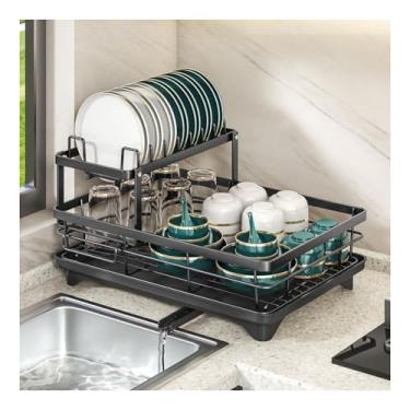 Imagem de HGTRH Escorredor de cozinha, escorredor de pratos de 2 níveis com suporte de utensílio de dreno e compartimentos para facas, aço carbono, economia de espaço, preto