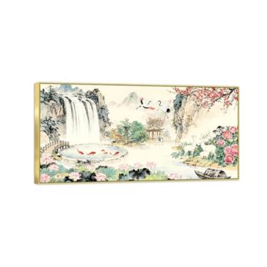 Imagem de Chinoiserie Arte de parede paisagem imagem em tela - flores cachoeira barco - pintura chinesa - impressões de moldura dourada para decoração de casa 50 x 100 cm 20 x 39 pol