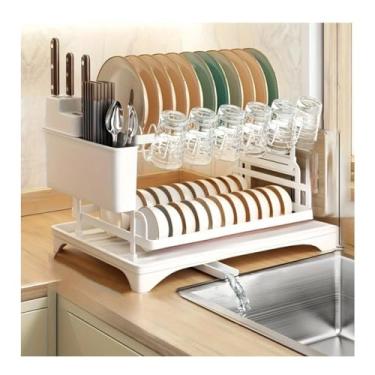 Imagem de HGTRH Escorredor de pratos de 2 camadas para balcão de cozinha, escorredor de pratos com bandeja de coleta de água, organizador de placas de aço carbono para tigelas/copos/garrafas, branco