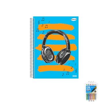 Imagem de Kit Caderno Masculinos 10 Matérias 200 Folhas KBOM + Caneta Trigel Branca 12 Unidades + Marcador Brush Metallic 06 Cores