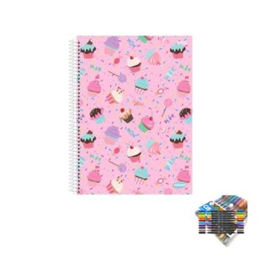 Imagem de Kit Caderno Feminino 10 Matérias Capa Dura 200 Folhas + Caneta Trigel Metálica + Marcador Artístico Brush Dual Tip