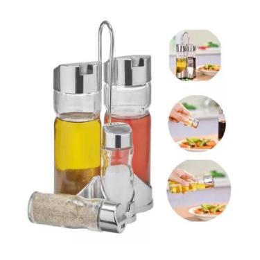 Imagem de Galheteiro Vidro De Mesa 5 Pecas Suporte Kit Azeite Vinagre Sal Temper
