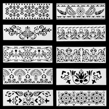 Imagem de Yuomeaz 10 peças de estêncil de borda de flor, 10 estênceis de borda de canto para artesanato, modelo floral reutilizável para pintura, desenho, decoração